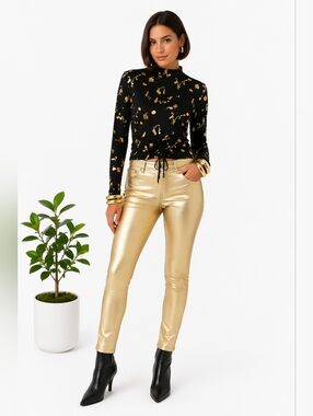 New Black & Metallic Gold Splatter Design Mock-neck Top